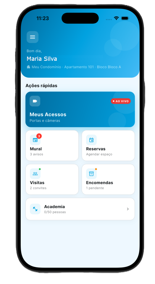 App bluScale — tela inicial mostrando ações rápidas